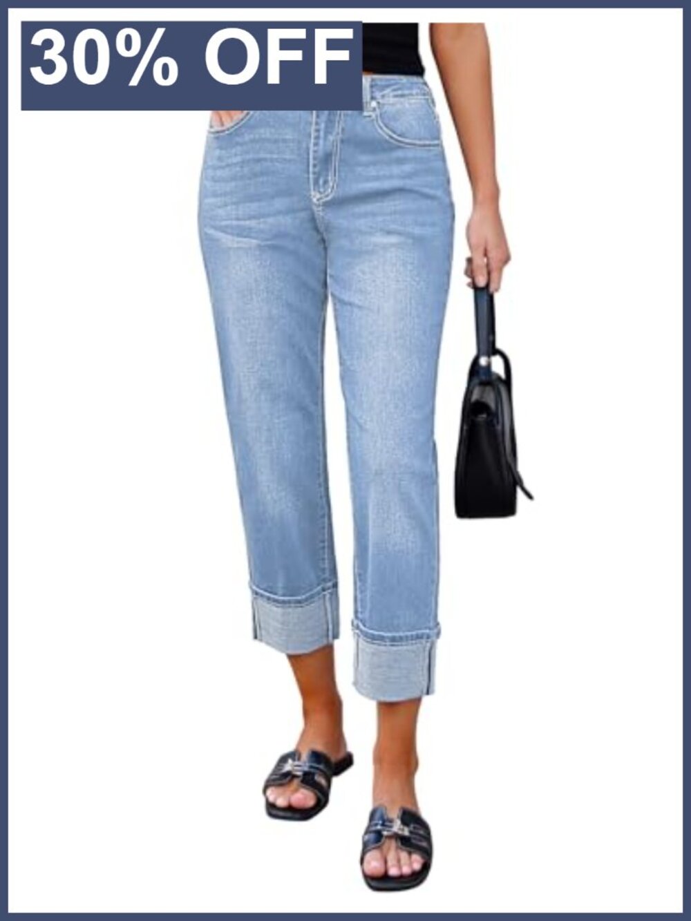 High Rise Straight Leg Cropped Denim Jeans with Cuffed Hem Stretchy Plus Size